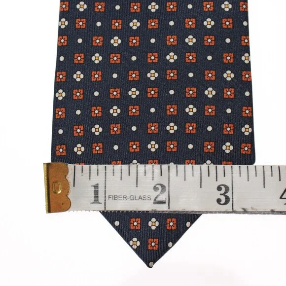 Drake's NWT Neck Tie in Navy w/ Orange/White/Yellow Geometric Pattern 100% Silk